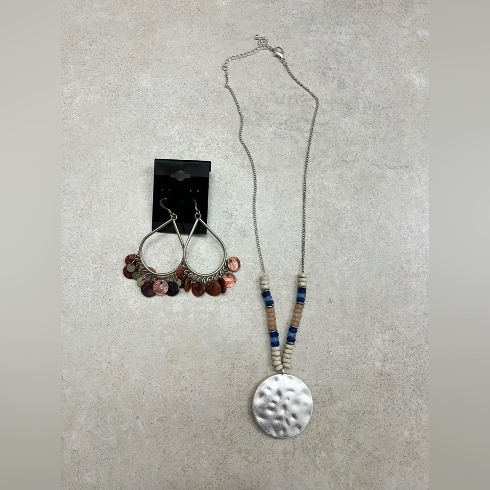 silver and blue beaded necklace with boho pink and gold earrings